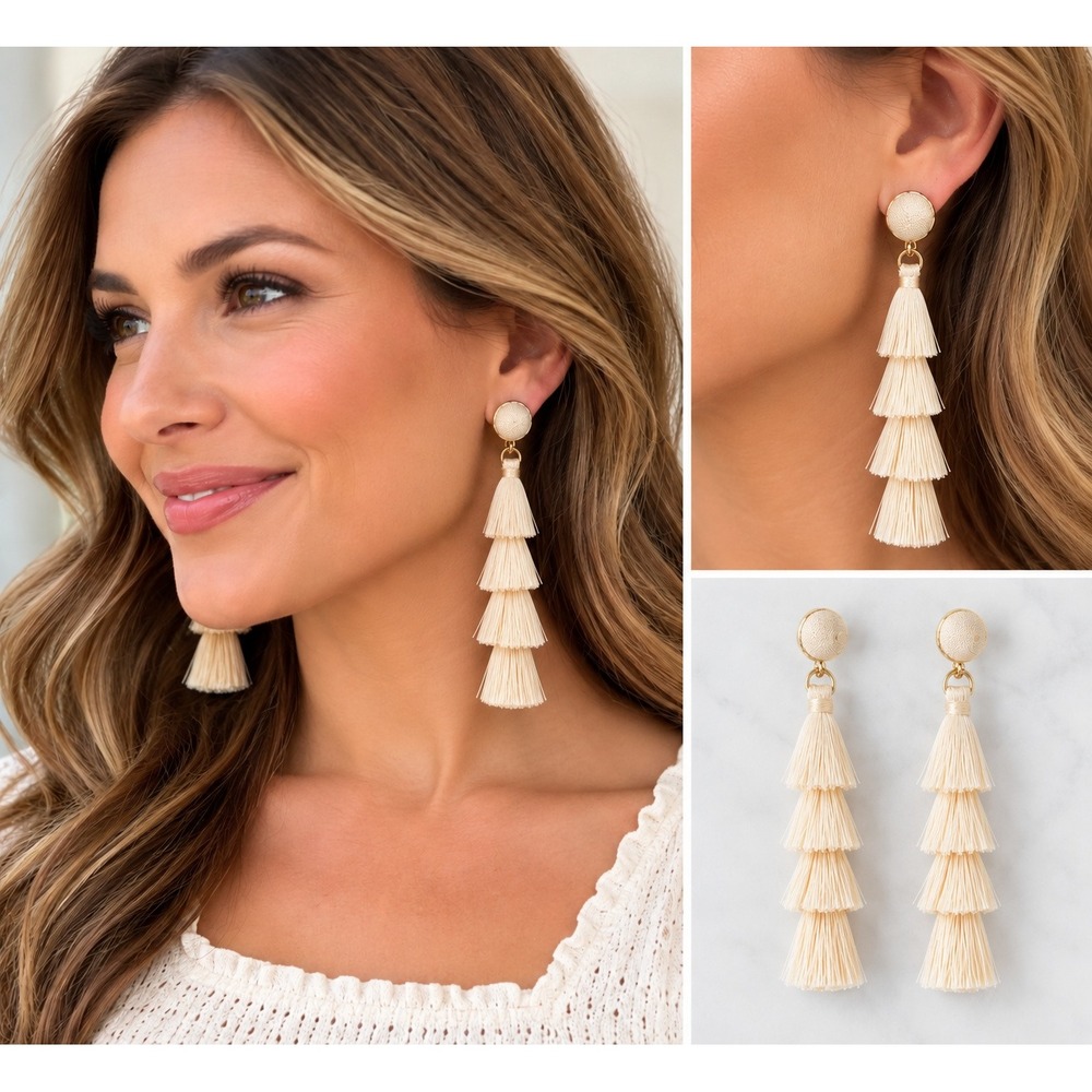Joyfolie Cascade Earring Cream OS Tiered Tassel Dangle Earrings NEW $60